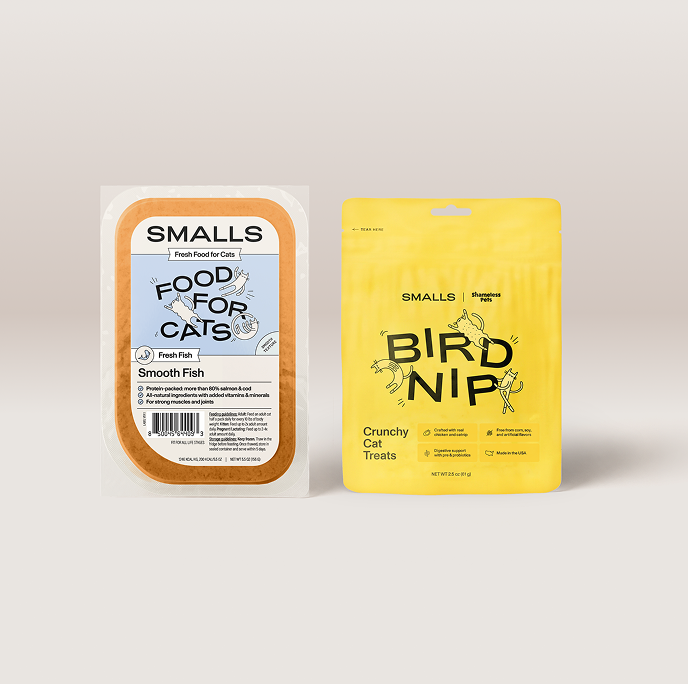 Smalls Fish Sampler pack with ten Smooth Fish fresh cat food recipes plus a bag of Bird Nip crunchy cat treats.