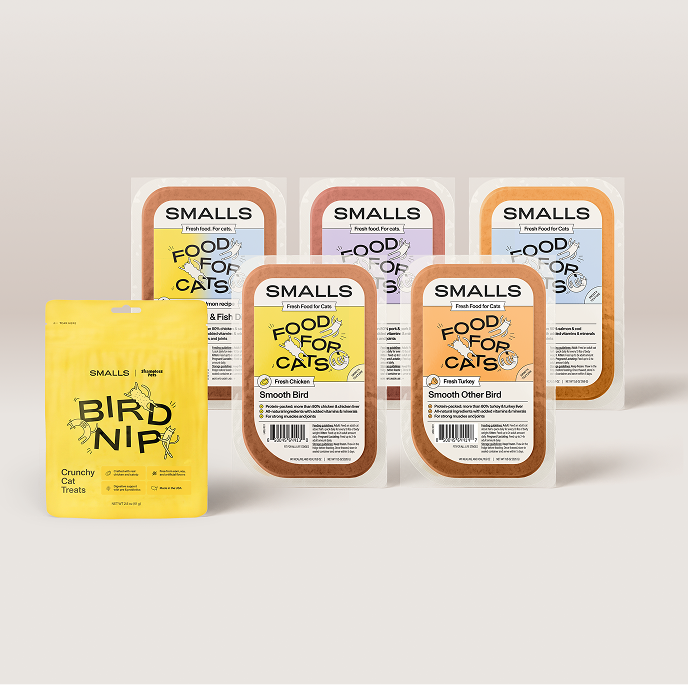 Smalls Variety Sampler pack with fresh cat food recipes including chicken, turkey, pork, and fish, plus a bag of Bird Nip crunchy cat treats.