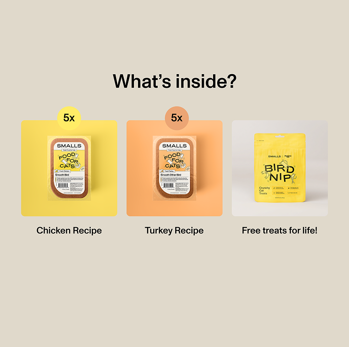 Contents of the Smalls Poultry Sampler: five chicken recipe packets, five turkey recipe packets, and a free bag of Bird Nip crunchy cat treats.